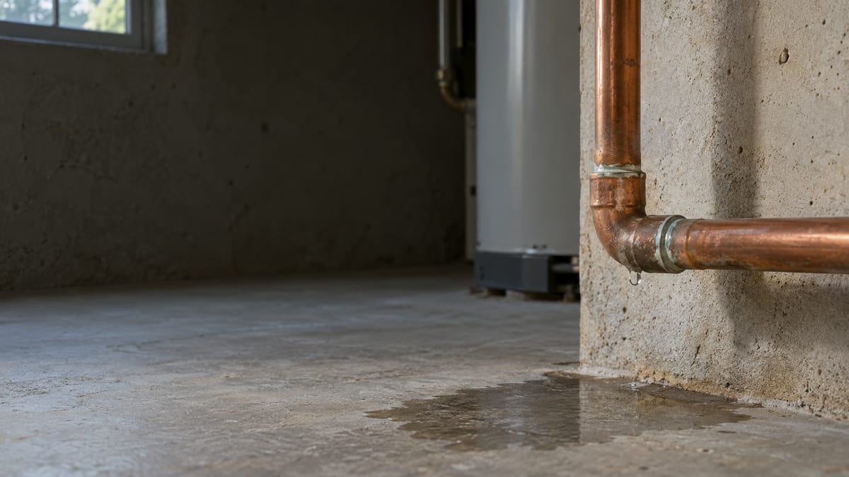 A small droplet beneath a copper pipe elbow above a damp concrete floor.